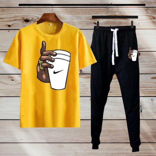 Men's Printed Polyester Track Suit - 2 Pcs Set in Black